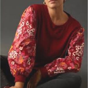 Women's Anthropologie Porridge Textured Sweatshirt burgundy‎ floral sleeves SM